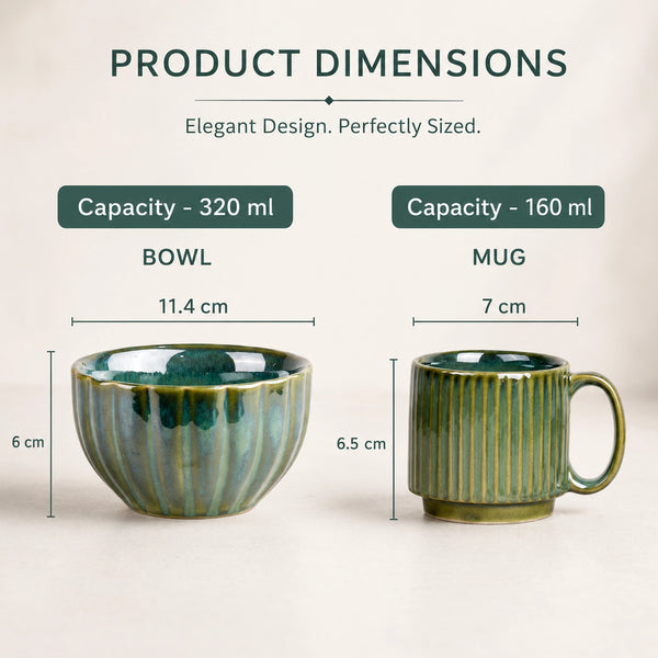 Green Ribbed Ceramic 2 Snack Bowl & 6 Tea Cup Combo
