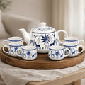 Ceramic Stag Blue Morning Tea Set - 6 Tea Cups, 1 Kettle