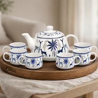 Ceramic Stag Blue Morning Tea Set - 6 Tea Cups, 1 Kettle