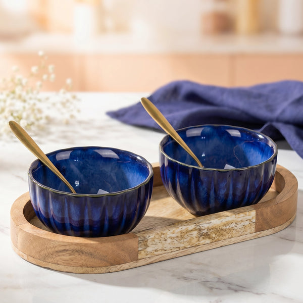 Blue Ribbed Ceramic Bowl Serving Set 2 Bowls, 1 Tray, and 2 Spoon