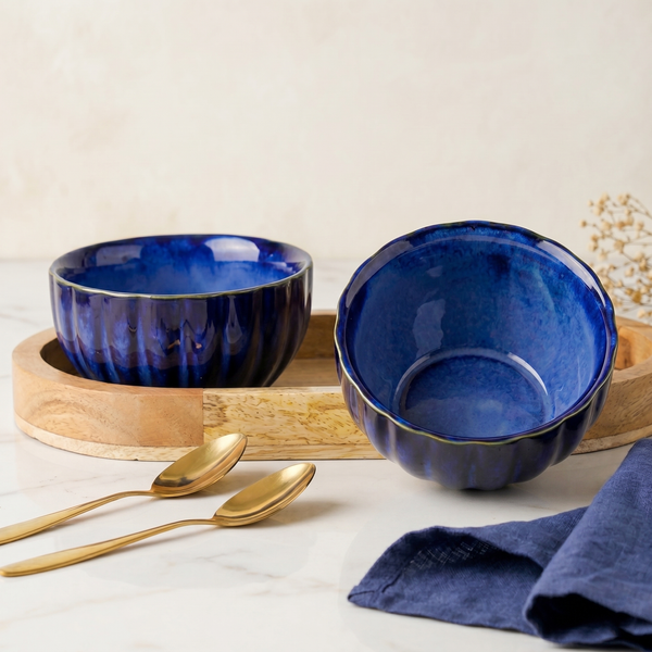 Blue Ribbed Ceramic Bowl Serving Set 2 Bowls, 1 Tray, and 2 Spoon