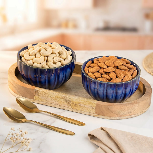 Blue Ribbed Ceramic Bowl Serving Set 2 Bowls, 1 Tray, and 2 Spoon