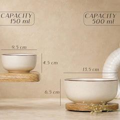 Two ceramic bowls with measurements and capacity labels on a beige background