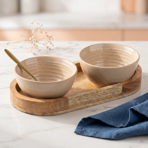 Sage Creamy Ceramic Bowl Serving Set 2 Bowls, 1 Tray, and 2 Spoon