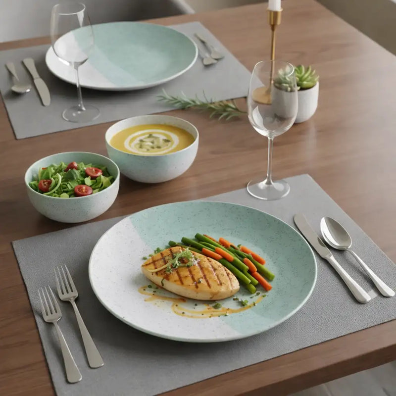 Tritone Green Matte Ceramic Dinner Plate with 2 Serving Bowl