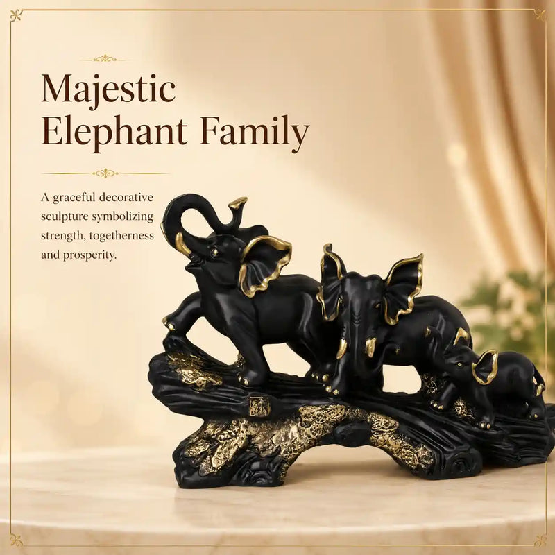 Majestic Black & Gold Elephant Family Sculpture