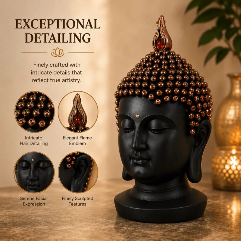 Serenity Buddha Head Sculpture – Matte Black & Copper