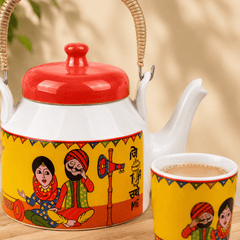 Traditional Punjabi Ceramic Tea Set – “Jitthe Tea Utthe Me” Kettle with 6 Tea Glasses