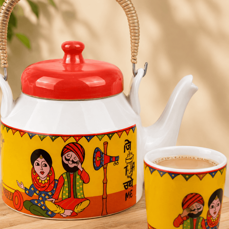 Traditional Punjabi Ceramic Tea Set – “Jitthe Tea Utthe Me” Kettle with 6 Tea Glasses