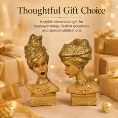 Artistic African Lady Sculptural Bust Pair – Decorative Gold Statues Set of 2