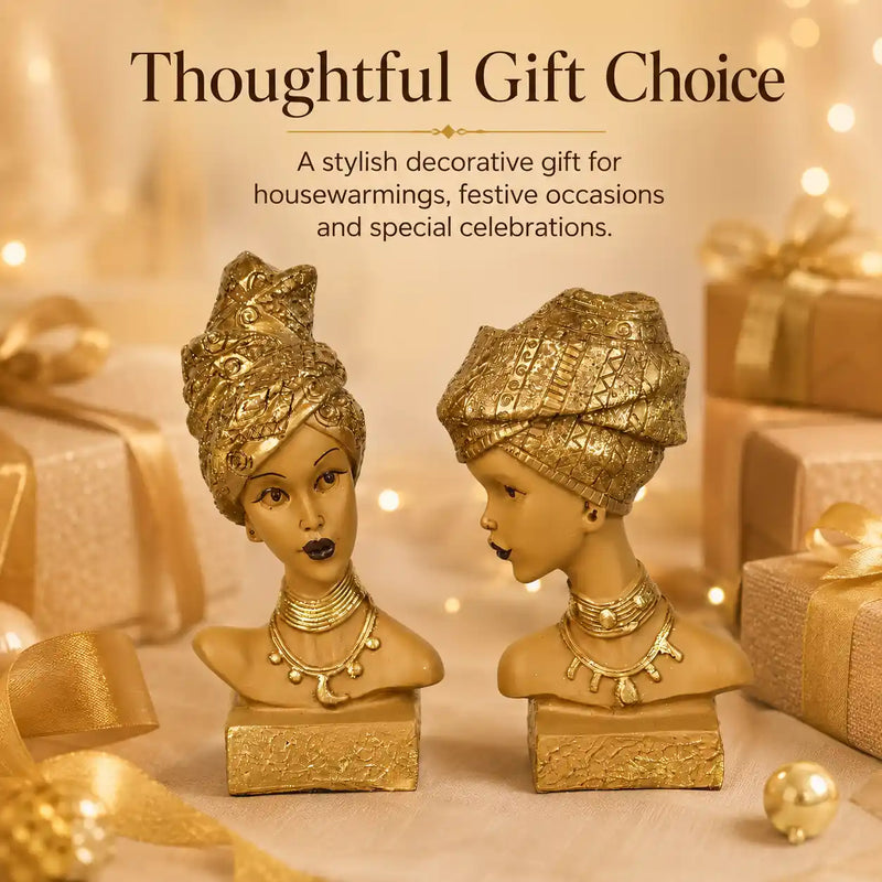 Artistic African Lady Sculptural Bust Pair – Decorative Gold Statues Set of 2