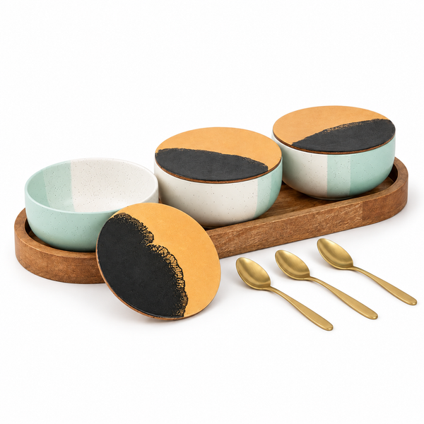 TT Green Matte Ceramic Bowl Serving Set 3 Bowls, 1 Tray, 3 Spoon and 3 Coaster