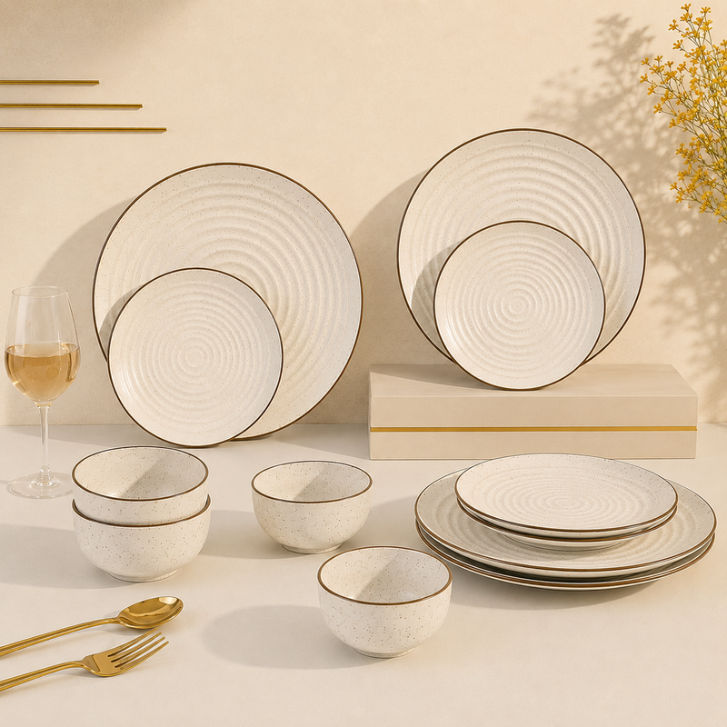 Spiral White Ceramic Dinner Set 12 Piece for Family of 4