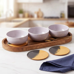 Solid Lavender Ceramic Bowls Serving Set – 3 Bowls, 3 Coaster, 3 Spoon and 1 Tray