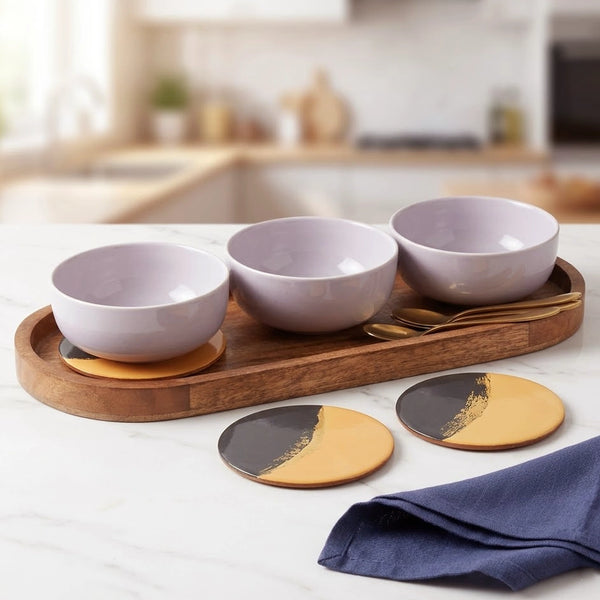 Solid Lavender Ceramic Bowls Serving Set – 3 Bowls, 3 Coaster, 3 Spoon and 1 Tray