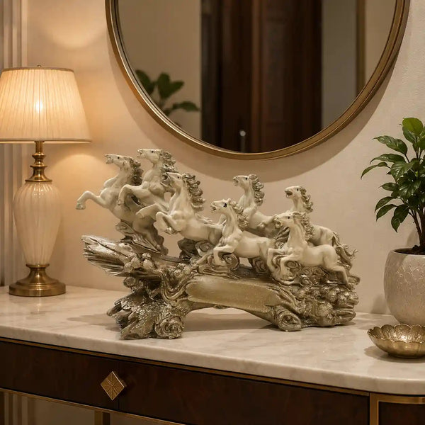 Victorious Galloping 7 Horse Sculpture | Ivory & Champagne Gold