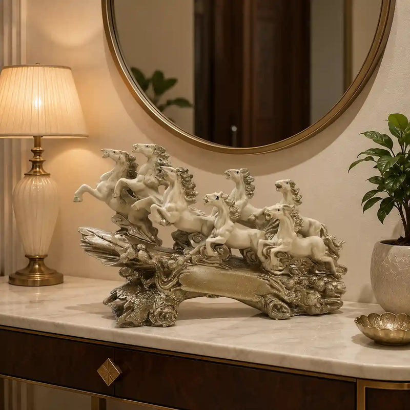 Victorious Galloping 7 Horse Sculpture | Ivory & Champagne Gold