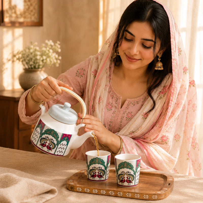 Peagal Glass Ceramic Tea Set with Kettle (6 Cups & 1 Kettle)