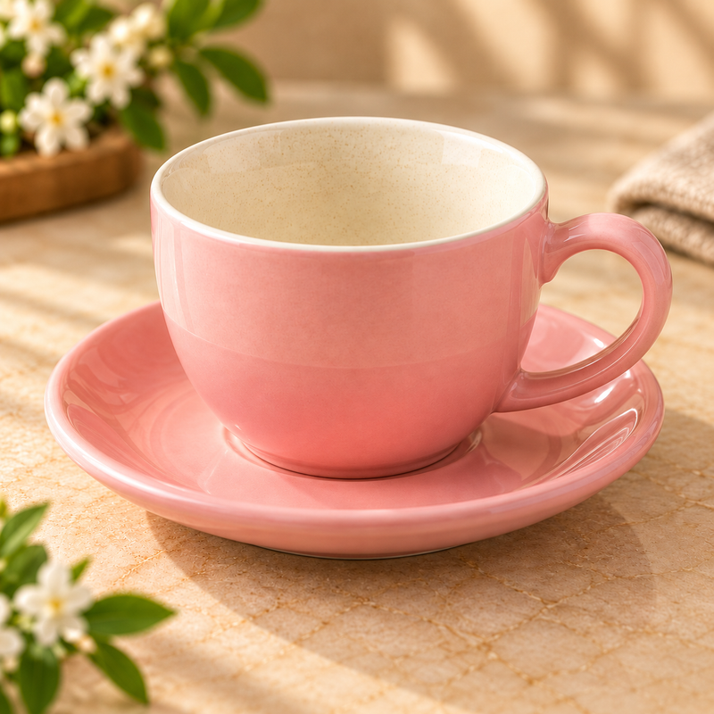 Solid Peach Ceramic Cappuccino Cup & Saucer Set of 4