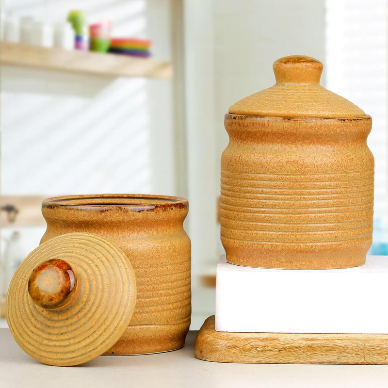 Brown Ceramic Pickle Jars Set of 2 (1000 ML Each) with Lid - The Earth Store - Multipurpose Jars