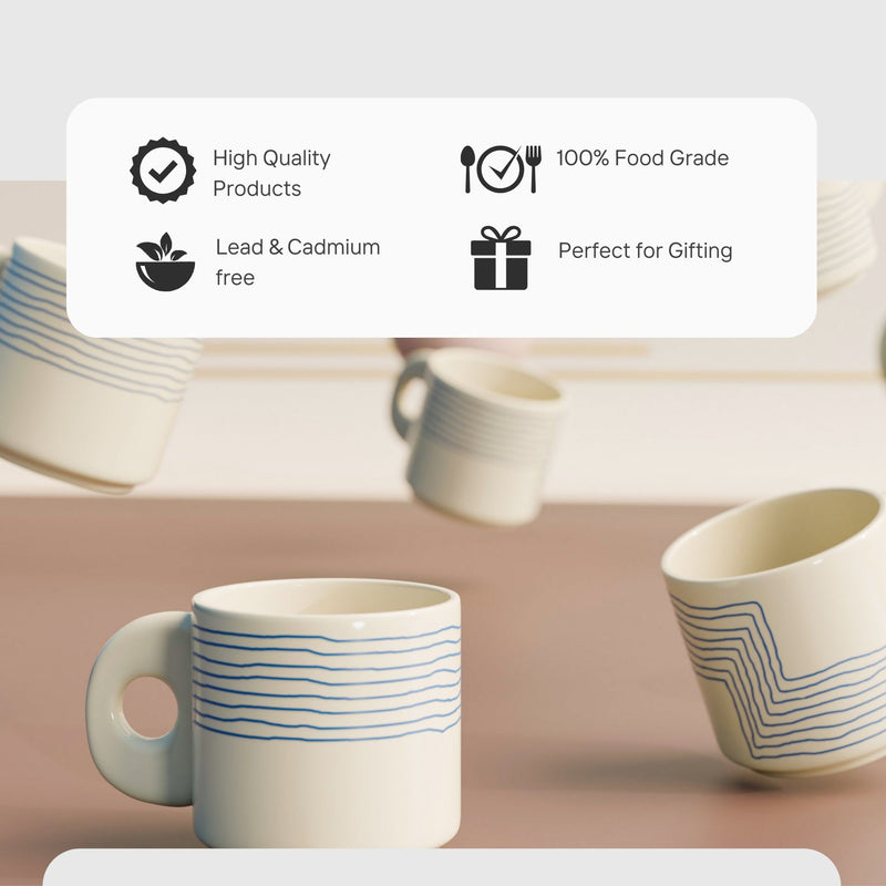 Cream Blue Ziggy Tea Cup Set of 6 - The Earth Store - Tea Cups