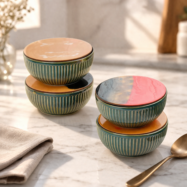 Glam Green Ceramic Bowl Set of 4 with Multipurpose Lids