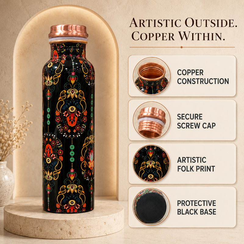 Himalayan Village Copper Water Bottle | Kashmiri Floral Art | 900ml