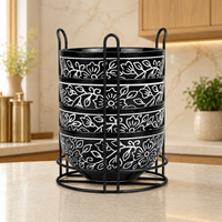 Black Artvine Ceramic Bowl Set with Stand (4 Pcs)