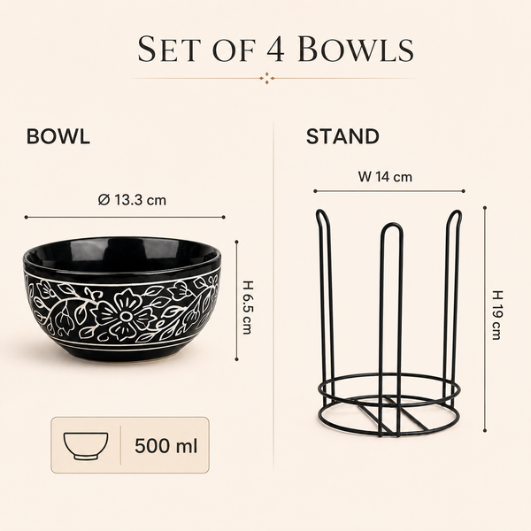 Black Artvine Ceramic Bowl Set with Stand (4 Pcs)