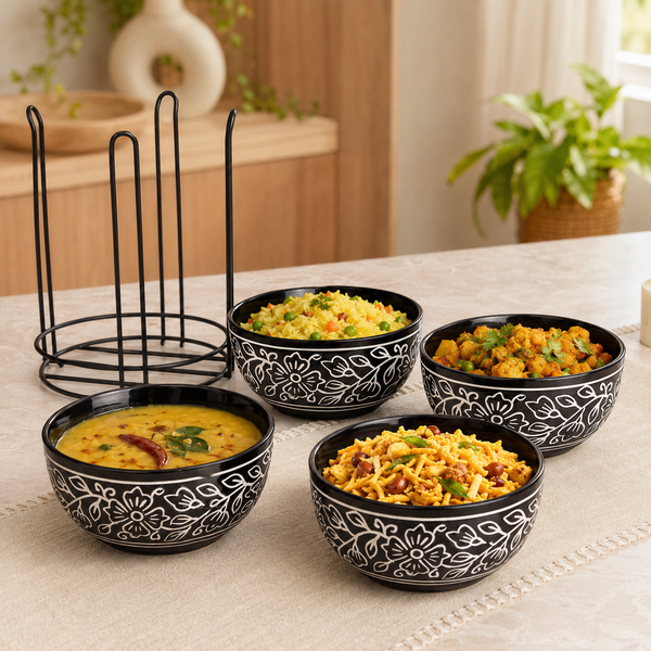 Black Artvine Ceramic Bowl Set with Stand (4 Pcs)