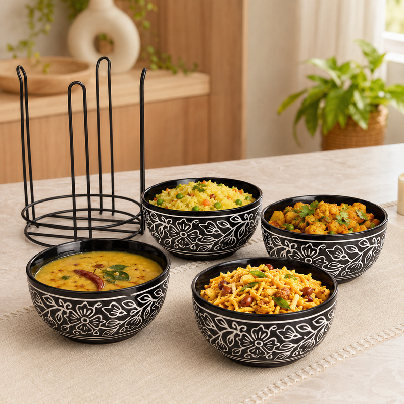 Black Artvine Ceramic Bowl Set with Stand (4 Pcs)