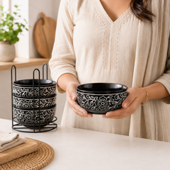 Black Artvine Ceramic Bowl Set with Stand (4 Pcs)