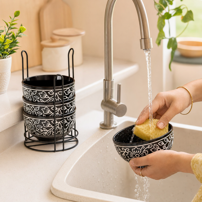 Black Artvine Ceramic Bowl Set with Stand (4 Pcs)