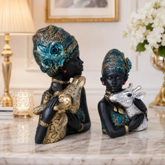 Elegant African Lady with Deer Sculptural Bust Pair – Decorative Gold & Silver Figures