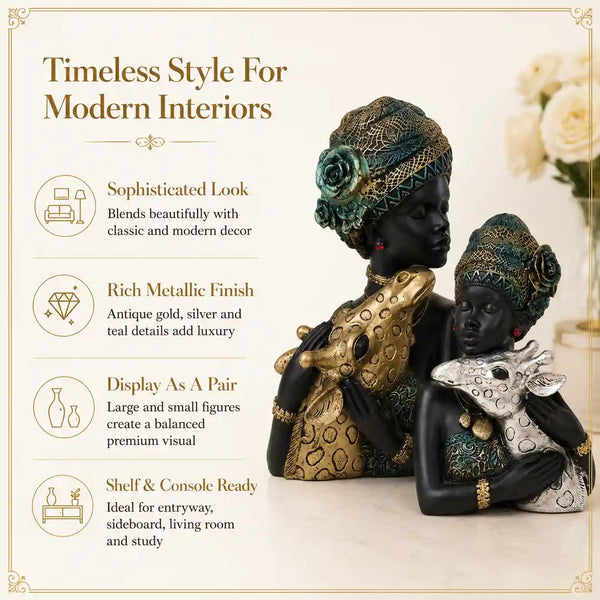 Elegant African Lady with Deer Sculptural Bust Pair – Decorative Gold & Silver Figures