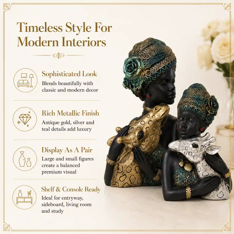 Elegant African Lady with Deer Sculptural Bust Pair – Decorative Gold & Silver Figures