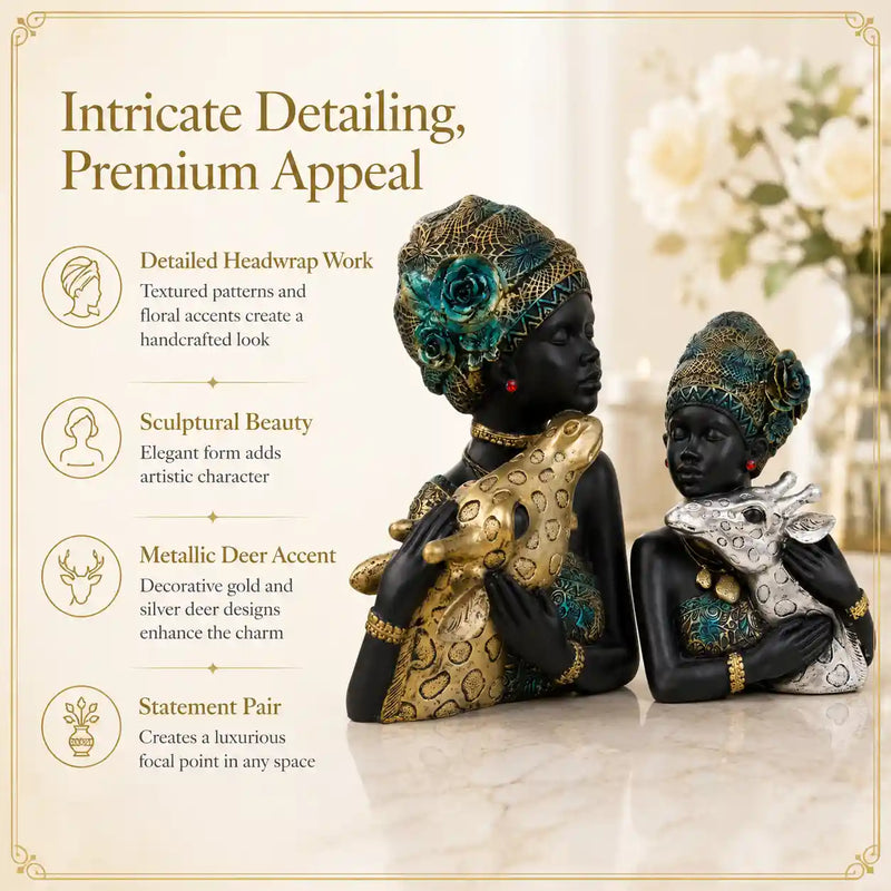 Elegant African Lady with Deer Sculptural Bust Pair – Decorative Gold & Silver Figures