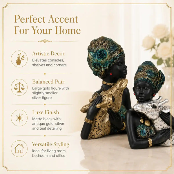 Elegant African Lady with Deer Sculptural Bust Pair – Decorative Gold & Silver Figures