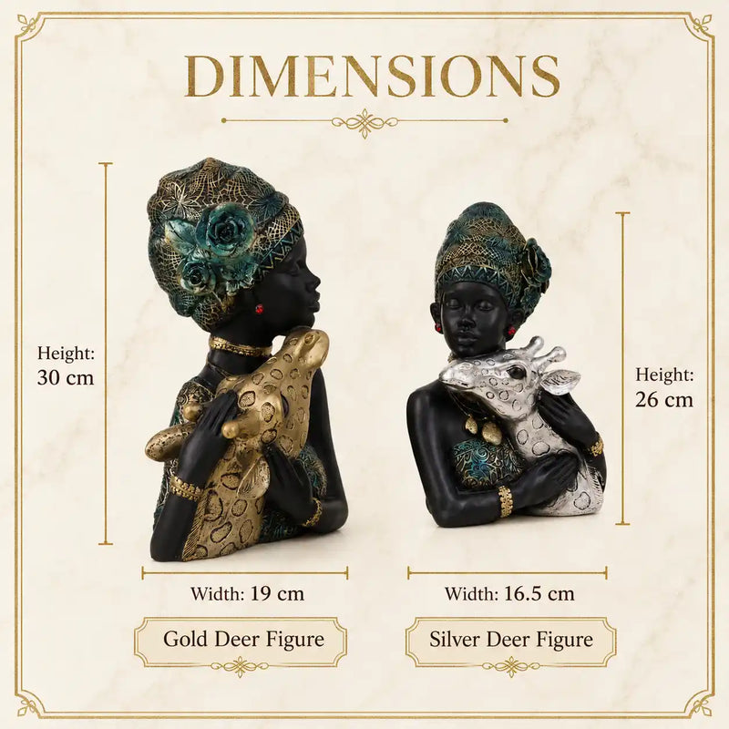 Elegant African Lady with Deer Sculptural Bust Pair – Decorative Gold & Silver Figures