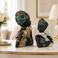 Elegant African Lady with Deer Sculptural Bust Pair – Decorative Gold & Silver Figures