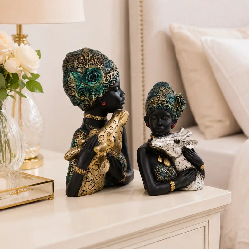 Elegant African Lady with Deer Sculptural Bust Pair – Decorative Gold & Silver Figures
