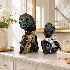 Elegant African Lady with Deer Sculptural Bust Pair – Decorative Gold & Silver Figures