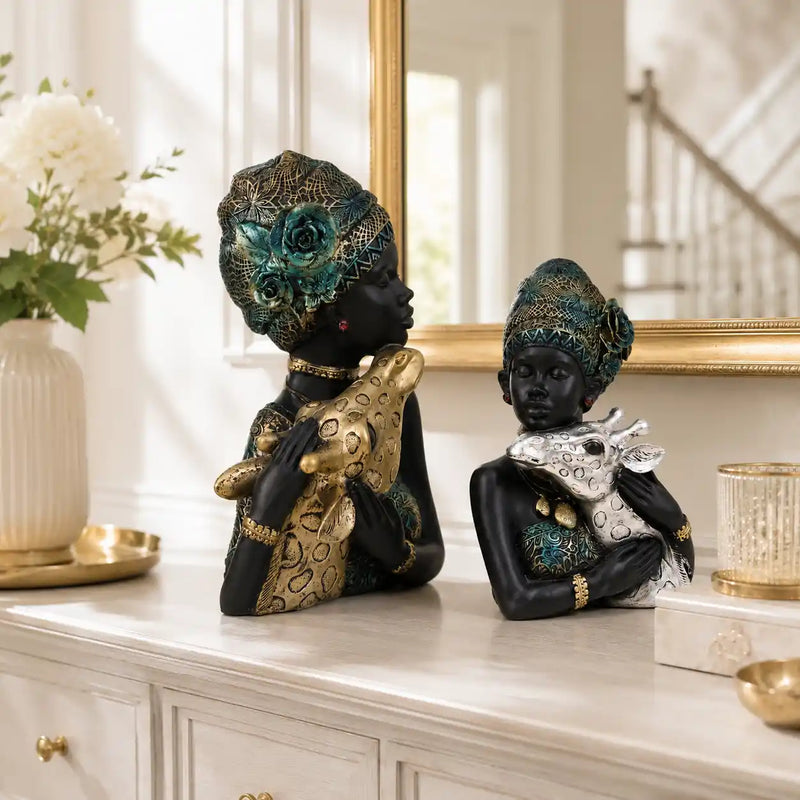 Elegant African Lady with Deer Sculptural Bust Pair – Decorative Gold & Silver Figures