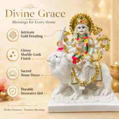 Durga Maa Idol: Premium Glossy Marble-Look Finish with Gold Detailing