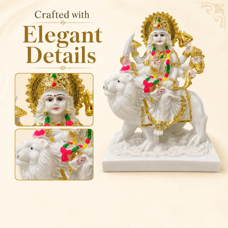 Durga Maa Idol: Premium Glossy Marble-Look Finish with Gold Detailing