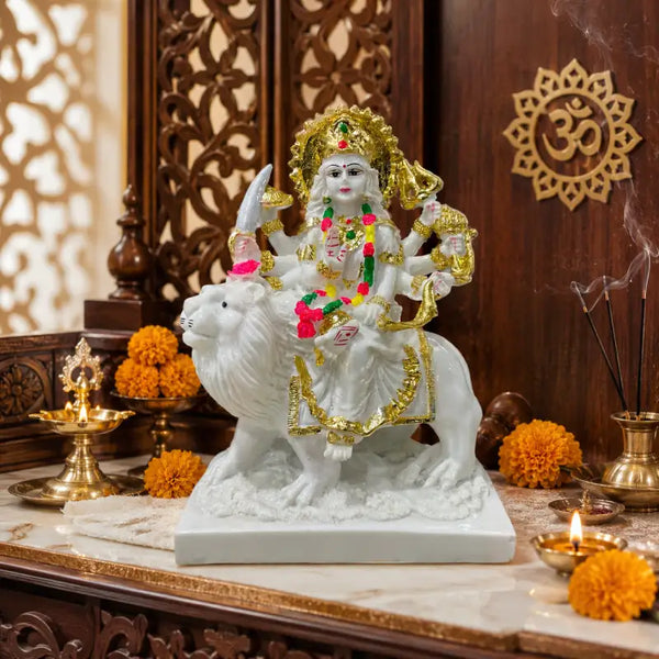 Durga Maa Idol: Premium Glossy Marble-Look Finish with Gold Detailing