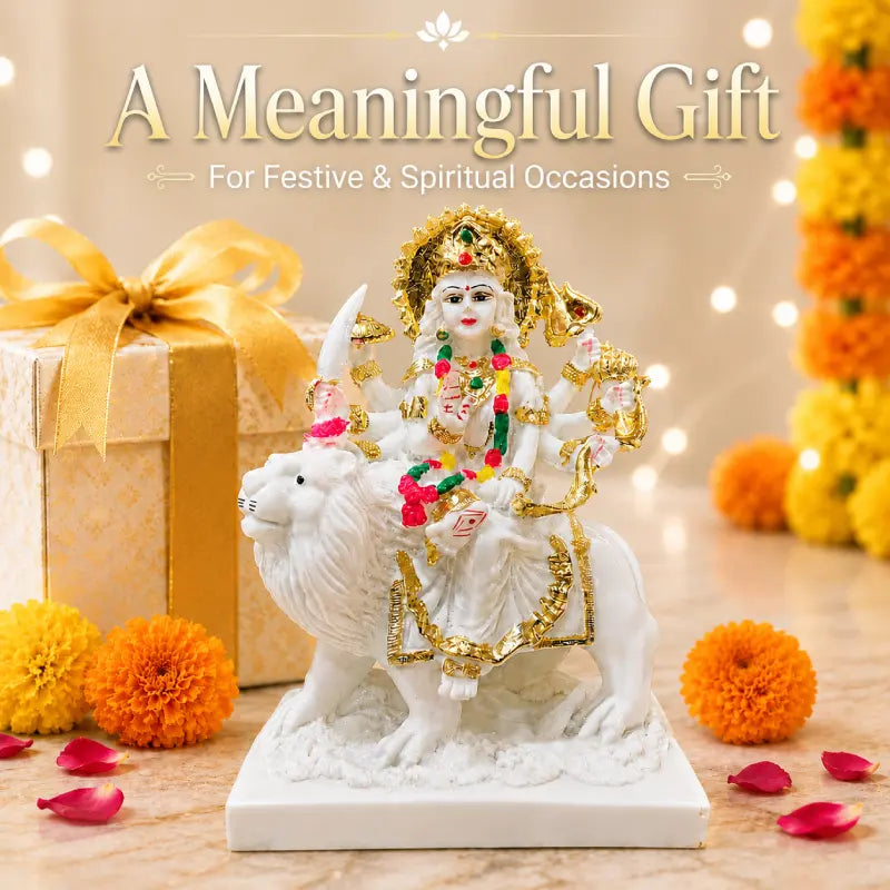 Durga Maa Idol: Premium Glossy Marble-Look Finish with Gold Detailing