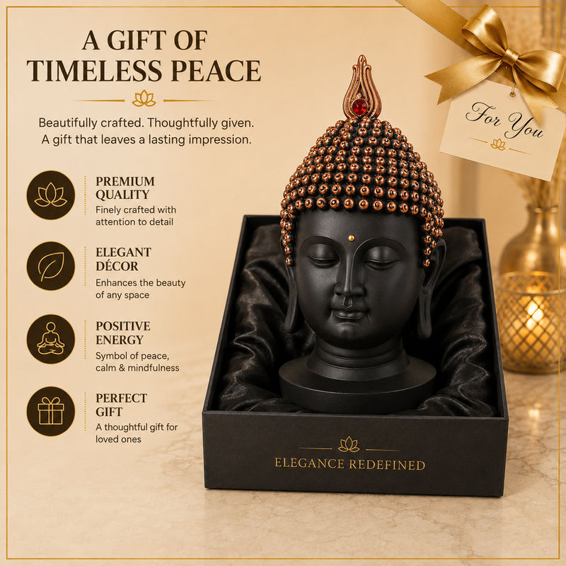 Serenity Buddha Head Sculpture – Matte Black & Copper