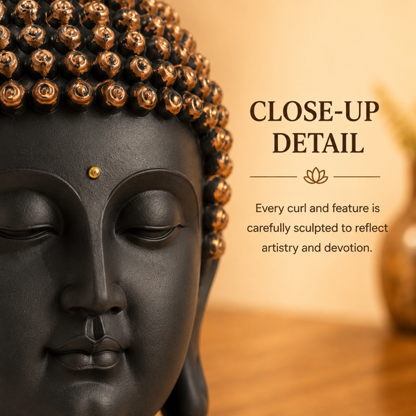 Serenity Buddha Head Sculpture – Matte Black & Copper