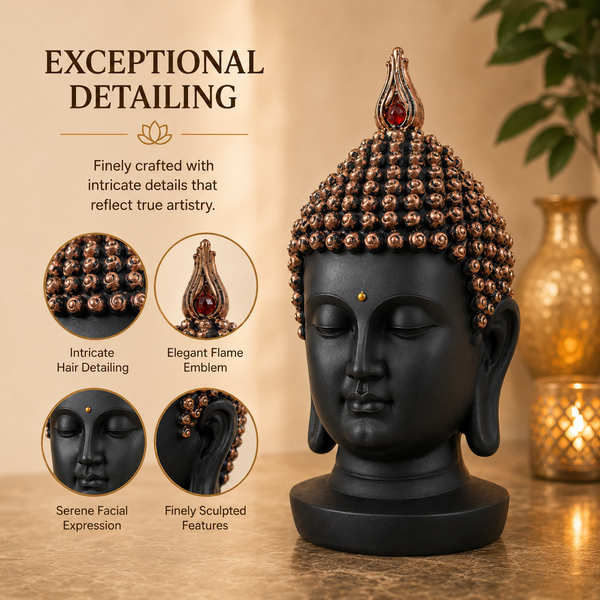 Serenity Buddha Head Sculpture – Matte Black & Copper